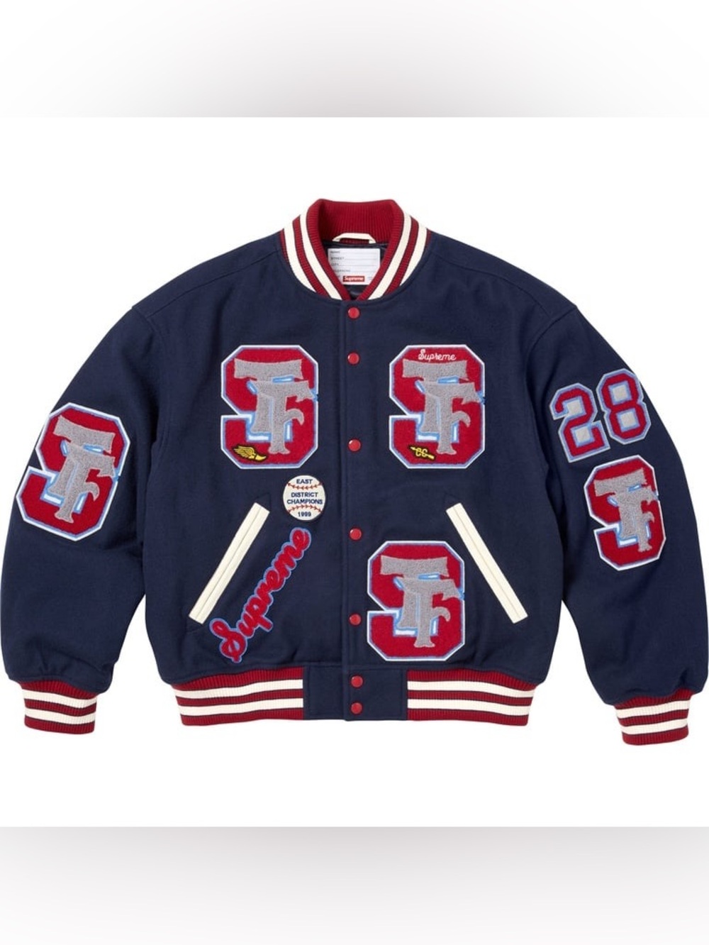 Supreme Drill Team Varsity Jacket Navy FW25 Men’s Size Large. Wool blend